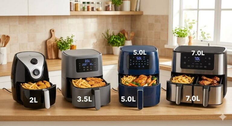 Air fryers de 2, 3,5, 5 e 7 litros lado a lado sobre bancada de cozinha