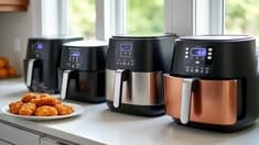 Air fryer de 8 litros aberta com a cesta cheia sobre a bancada