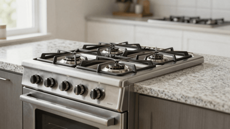 Fogão de piso de cinco bocas com mesa de vidro em cozinha planejada