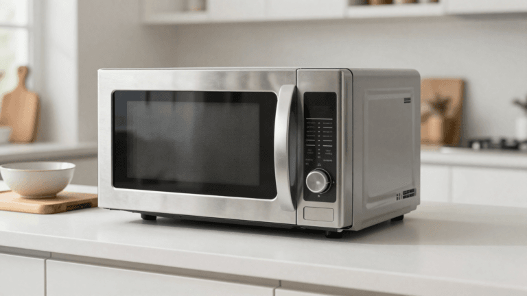 Micro-ondas em inox sobre bancada de cozinha ao lado de tábua de madeira